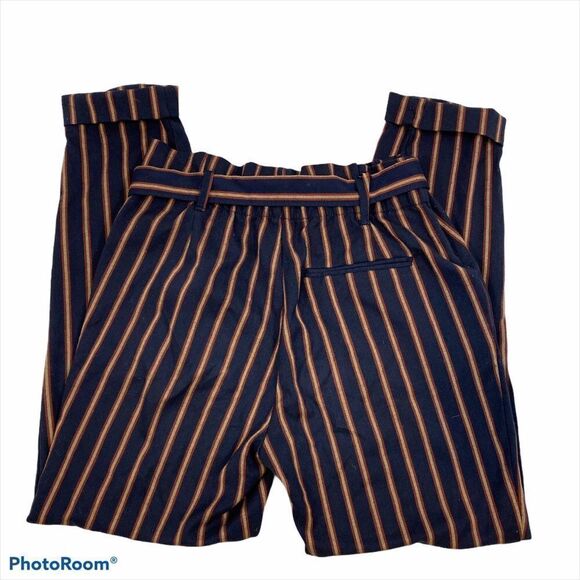 Zara Striped Navy Paper Bag Trousers with Belt XS - Picture 6 of 15